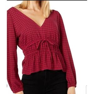 Madewell Saffi Top Longsleeve Peplum Check Puff‎ Sleeve Size Medium